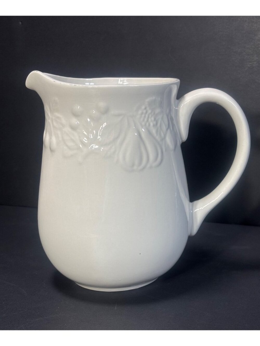 Gibson Housewares Embossed White Fruit Pattern Ceramic Pitcher Vintage 90s